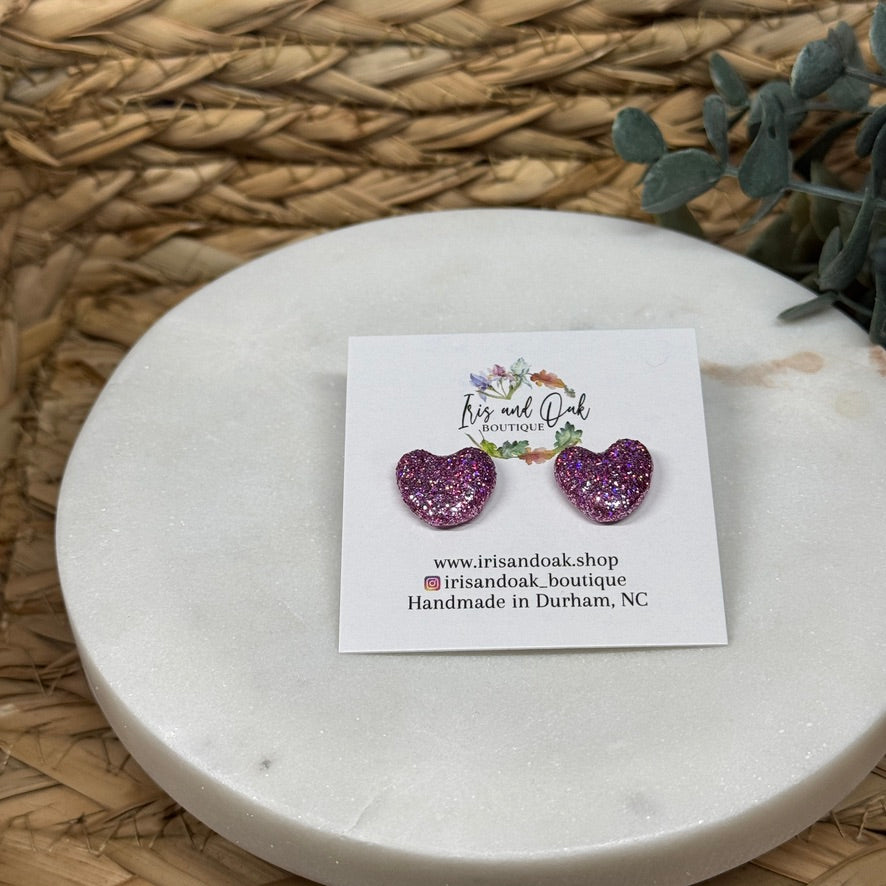 Pink Glitter Heart Studs