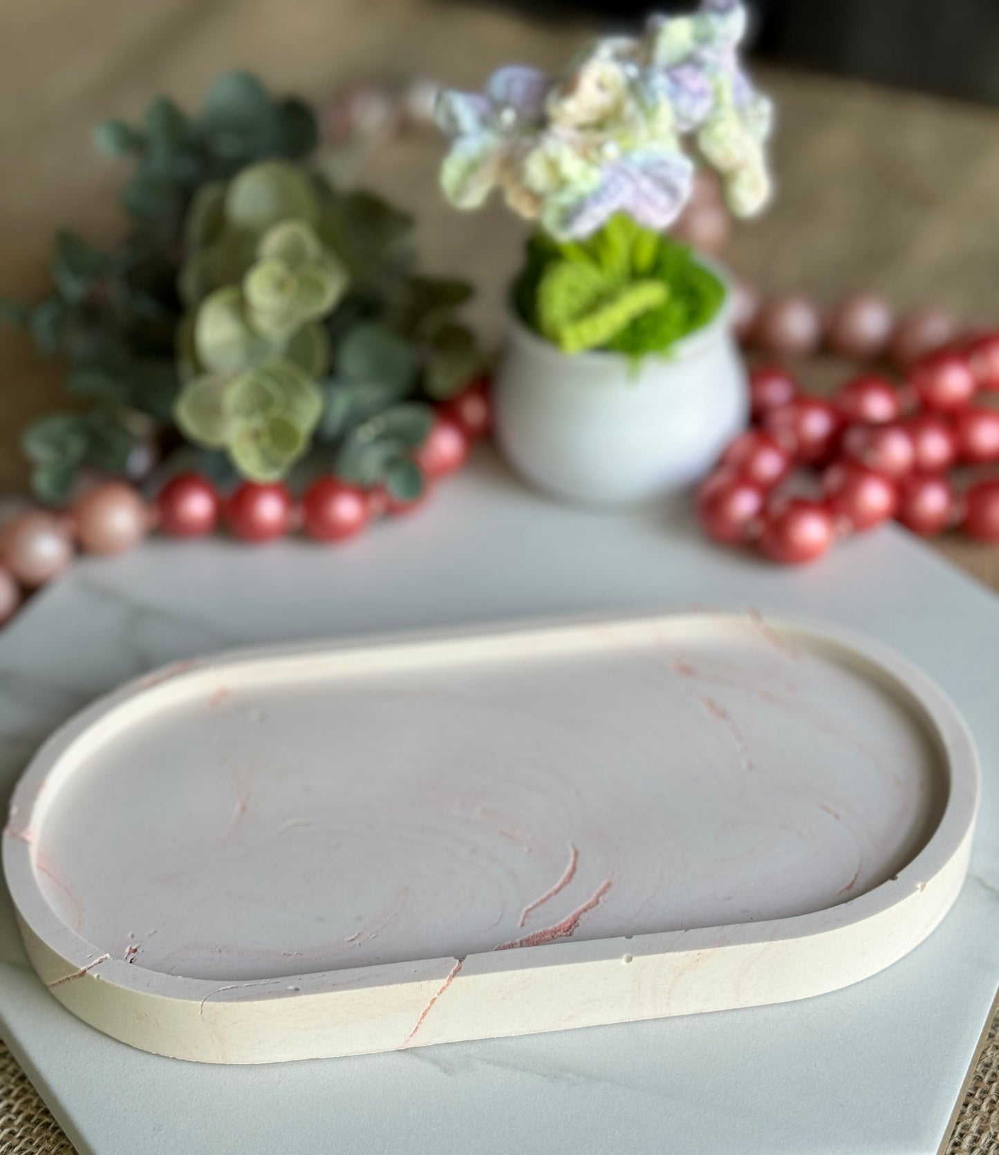 Faux Concrete Light Pink Swirls Trinket Tray (Large)