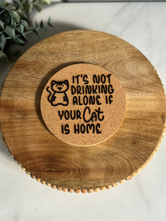 Cat Drinking Alone Cork Coaster