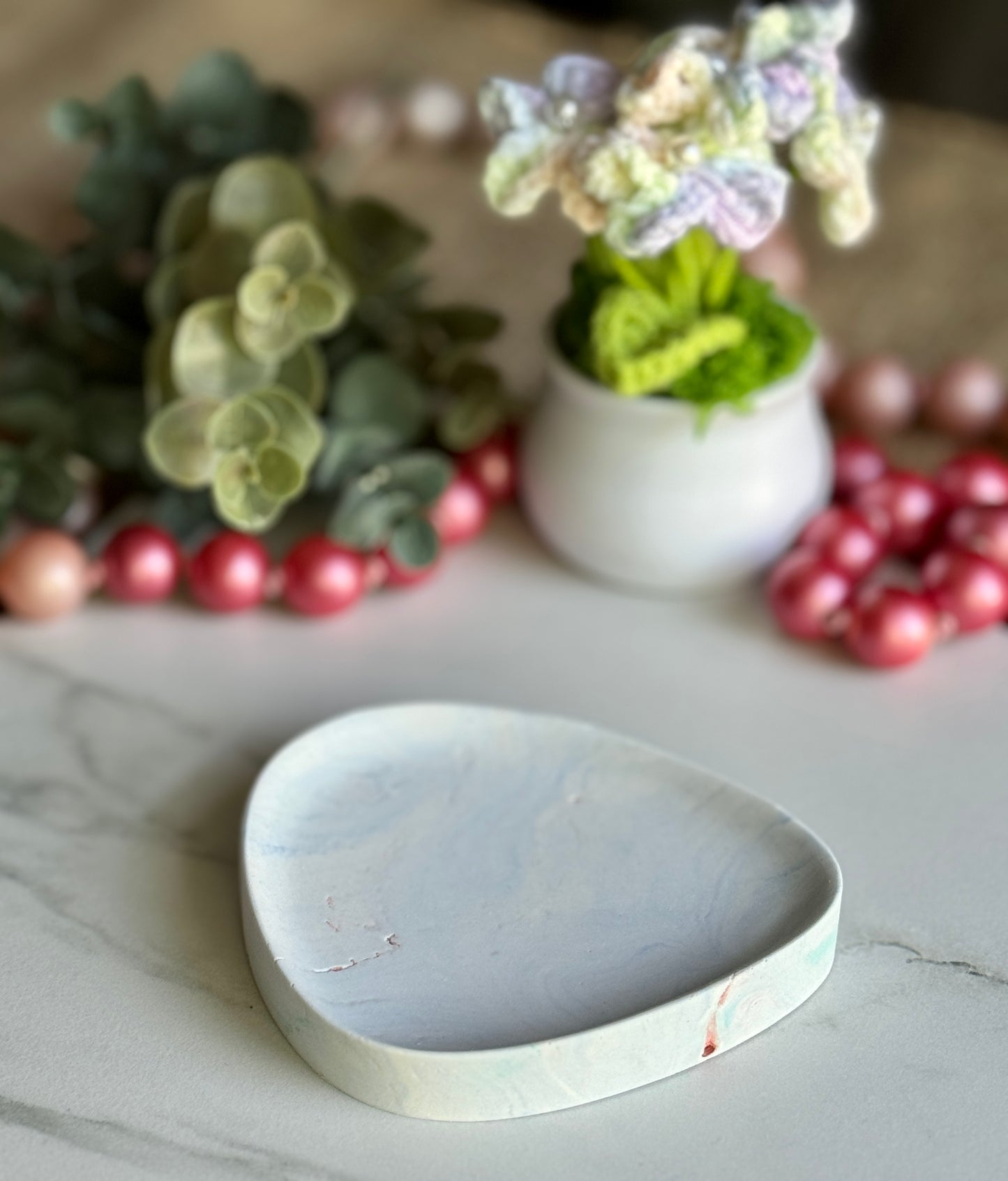 Faux Concrete Light Blue Swirl Trinket Tray (small)