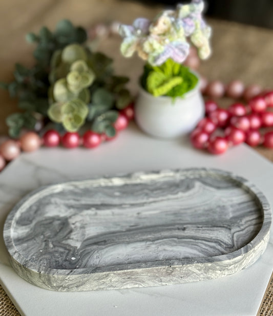 Faux Concrete Black and White Swirls Trinket Tray (Large)