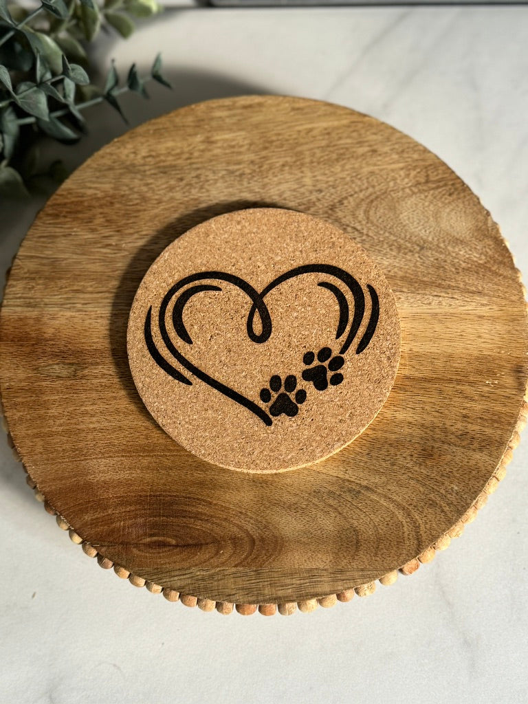 Heart Paw Print Cork Coaster