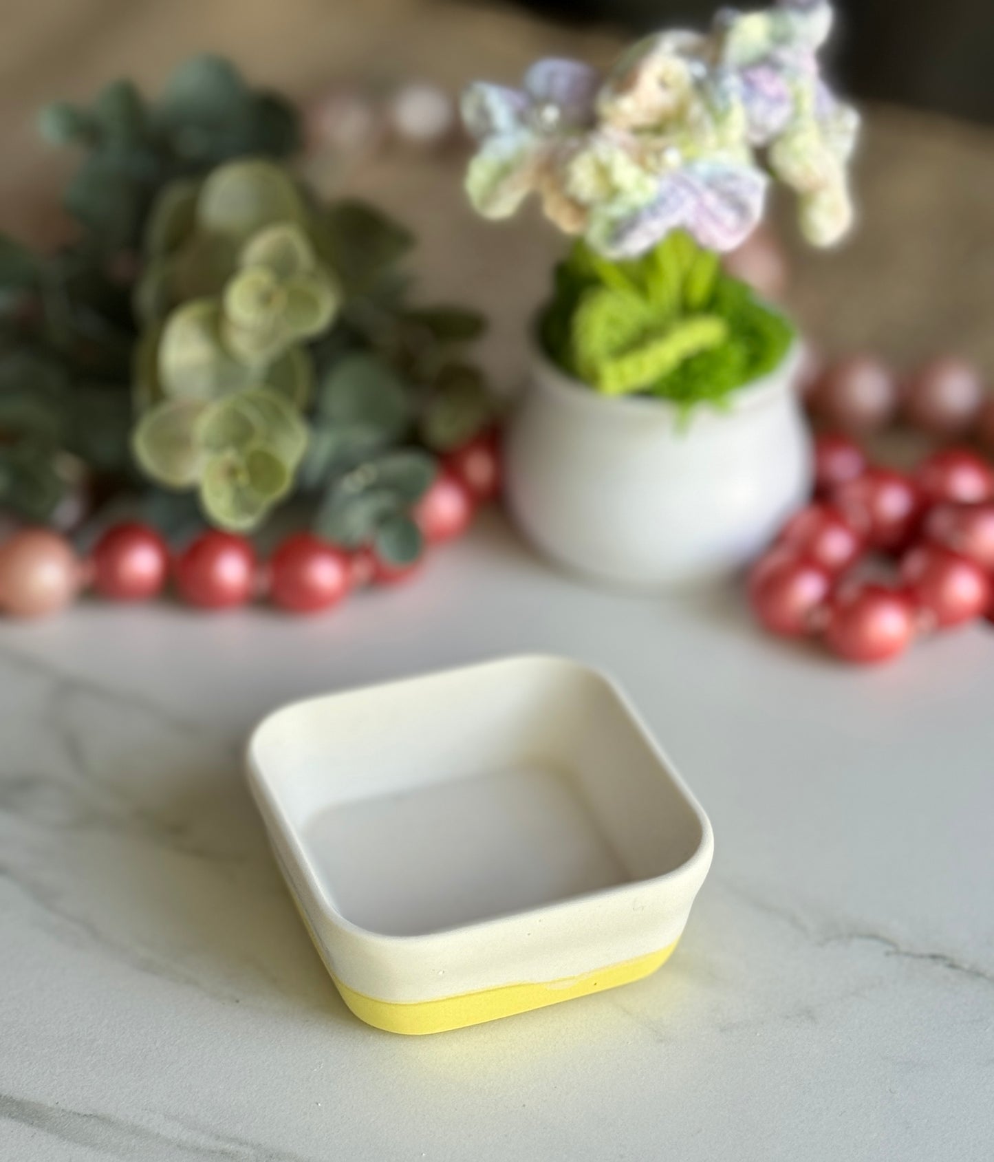 Faux Concrete White and Yellow Square Trinket Tray (mini)