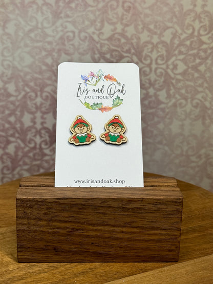 Wooden Christmas Studs (Elves and Wreaths)