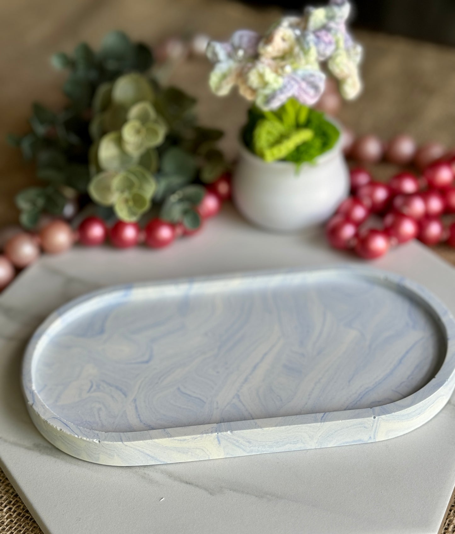 Faux Concrete Blue Swirls Trinket Tray (Large)